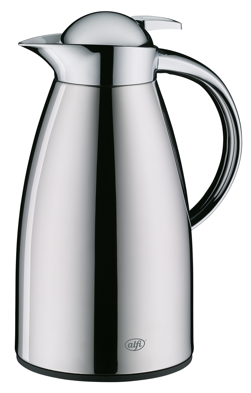 Die Abbildung zeigt eine Isolierkanne aus Edelstahl mit einem Fassungsvermögen von 1 Liter. Die Kanne hat ein elegantes, glänzendes Design und einen praktischen Griff.