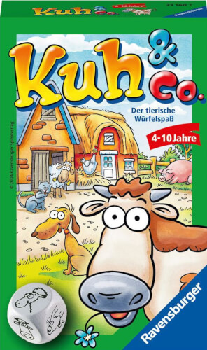 Auf dem Bild ist die Verpackung eines Kinderspiels mit dem Namen "Kuh & Co." zu sehen. Im Vordergrund schaut eine Kuh fröhlich, während im Hintergrund ein Bauernhof mit verschiedenen Tieren abgebildet ist.