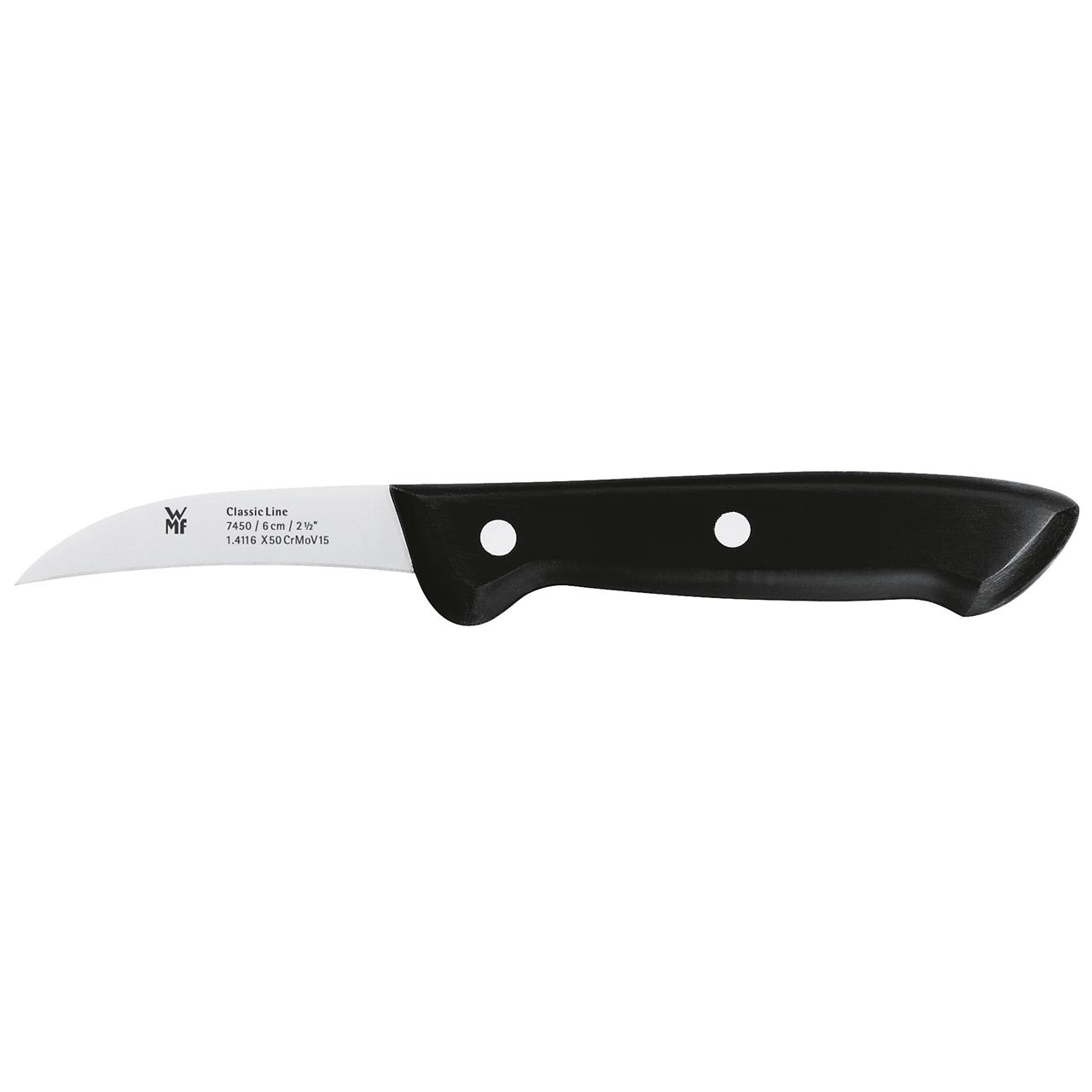 Das Bild zeigt ein Schälmesser der Classic Line mit einer Klingenlänge von 6 cm. Das Messer hat eine gebogene Klinge und einen schwarzen Griff.