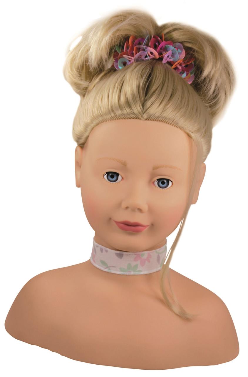 Das Bild zeigt einen Schminkkopf mit blonden Haaren und einem bunten Haargummi. Der Kopf trägt ein buntes Halsband mit Blumenmuster.