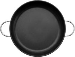 Die Abbildung zeigt eine schwarze Servierpfanne mit zwei seitlichen Griffen. Das Produkt heißt "Servierpfanne Calabria 32 cm".