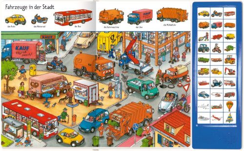 Das Bild zeigt eine belebte Stadtszene mit vielen verschiedenen Fahrzeugen und Menschen. Auf der rechten Seite gibt es eine Leiste mit kleinen Bildern und Symbolen von Fahrzeugen.
