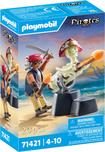 Auf dem Bild ist eine Playmobil-Piraten-Spielzeugbox zu sehen. Die Verpackung zeigt zwei Piratenfiguren, davon einer als Skelett, am Strand.