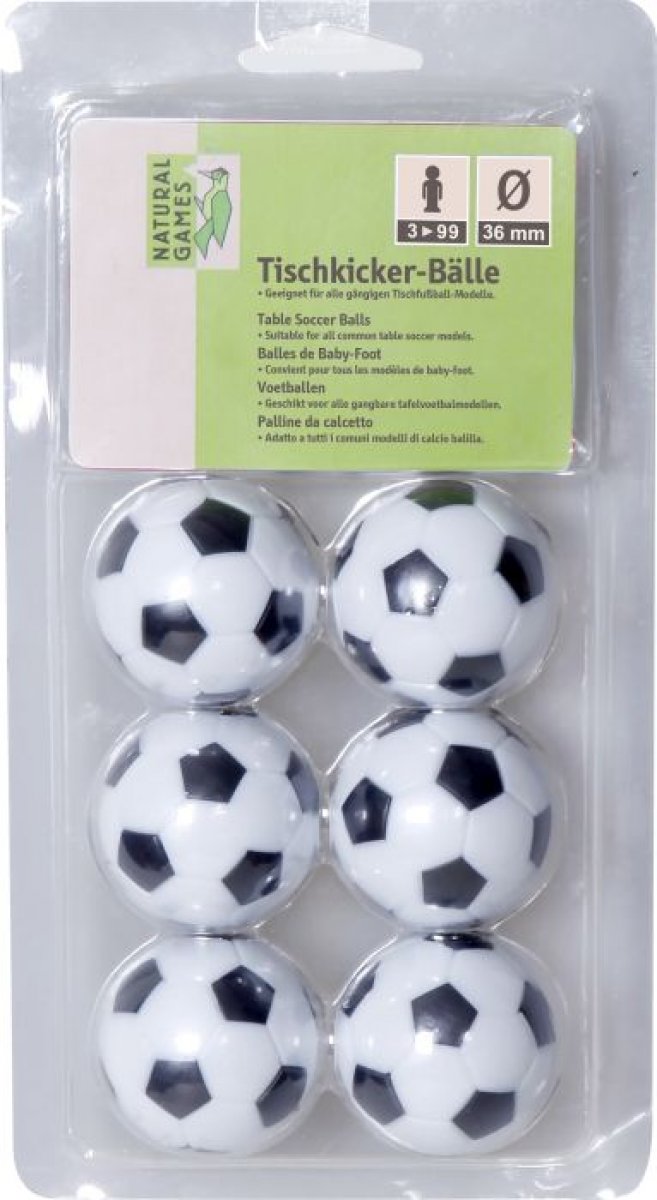 Die Abbildung zeigt eine Verpackung mit sechs Ersatz-Fußbällen für Kicker. Die Bälle sind weiß mit schwarzen Mustern und für Tischkicker-Modelle geeignet.