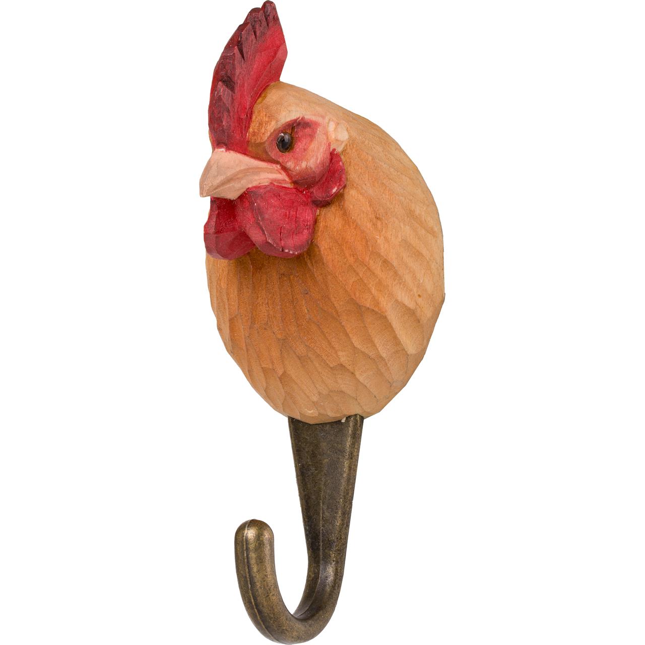 Das Bild zeigt einen Haken in Form eines Hühnerkopfes. Der Haken ist aus Holz geschnitzt und bemalt, mit einem Metallhaken darunter.
