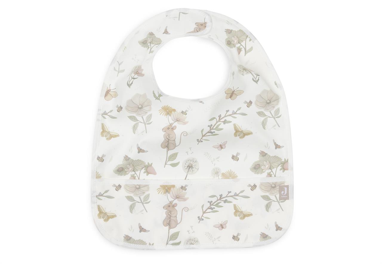 Das Bild zeigt ein wasserdichtes Lätzchen mit niedlichem Mäuse- und Blumenmuster. Das Design ist in sanften, natürlichen Farben gehalten und eignet sich ideal für Babys.