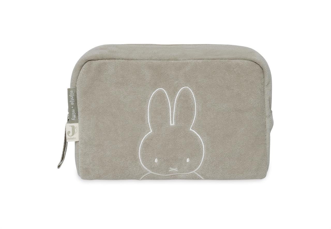 Dies ist ein olivgrünes Frottee-Täschchen mit einem Miffy-Motiv. Es hat einen Reißverschluss und eignet sich ideal zur Aufbewahrung kleiner Gegenstände.