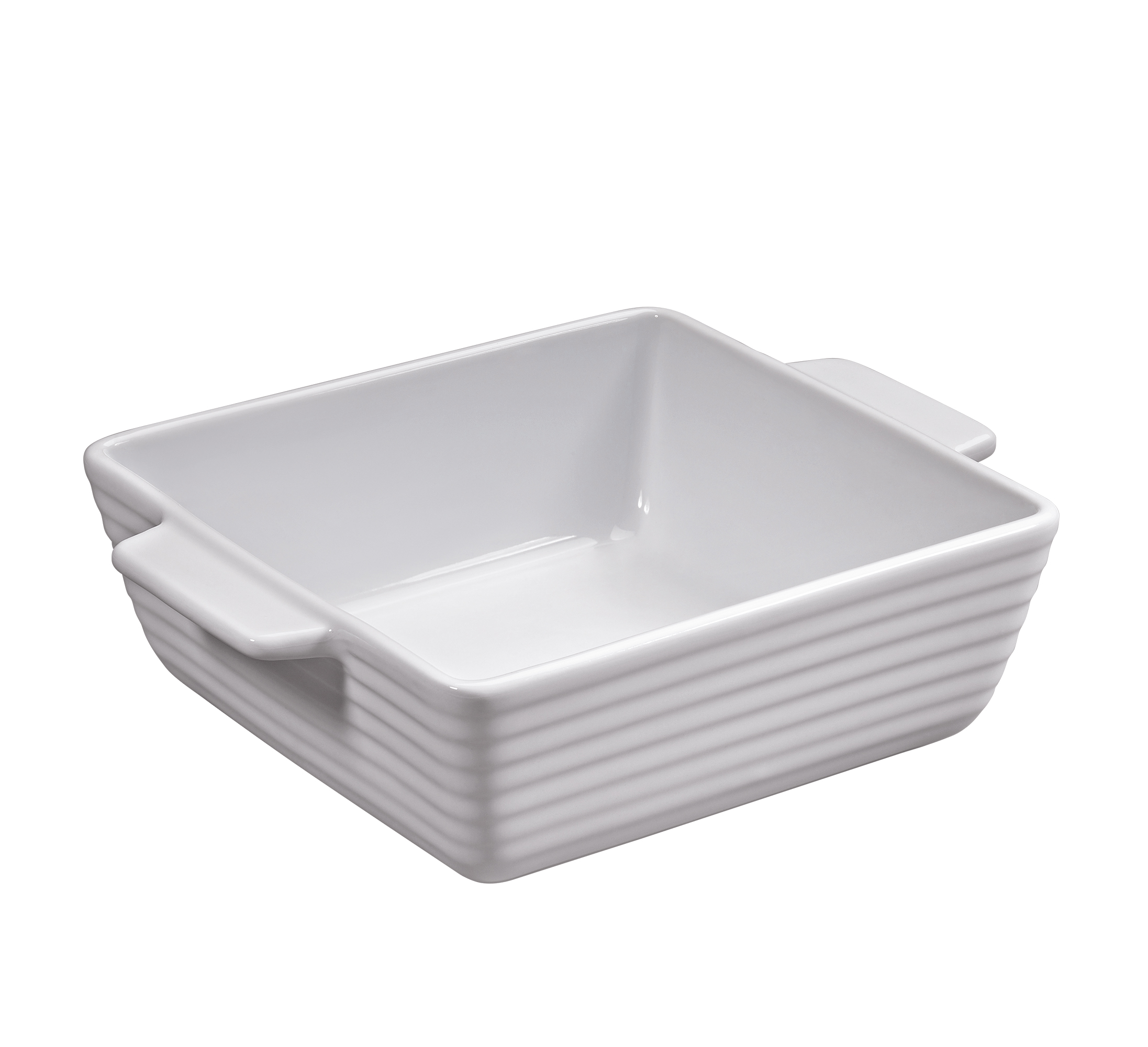 Dies ist eine weiße, rechteckige Auflaufform mit zwei Griffen an den Seiten. Sie hat eine gerippte äußere Oberfläche und ist aus Keramik gefertigt.