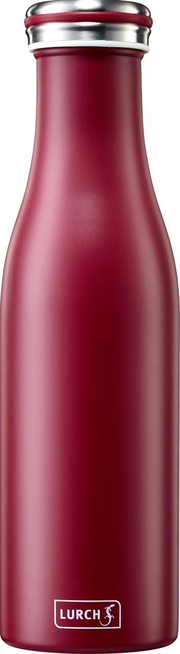 Die Abbildung zeigt eine Isolierflasche aus Edelstahl mit einem Fassungsvermögen von 0,5 Litern in der Farbe Bordeaux. Am unteren Rand ist das Logo der Marke "Lurch" zu sehen.