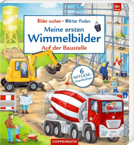 Auf dem Bild ist eine bunte Baustellenszene mit vielen Arbeitern, Fahrzeugen und Baugeräten zu sehen. Im Vordergrund fährt ein Betonmischer, während im Hintergrund ein Bagger arbeitet und Bauarbeiter aktiv sind.