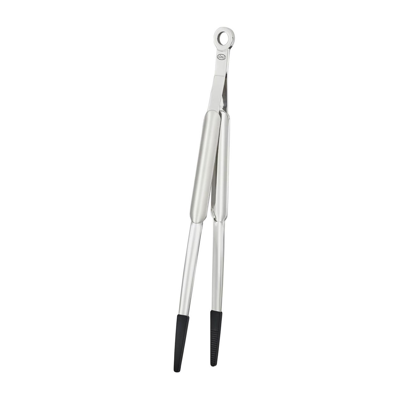 Die Abbildung zeigt eine 31 cm lange Spitzzange mit Silikonspitzen. Das Produkt besteht aus Edelstahl und hat schwarze Silikonenden für einen sicheren Griff.