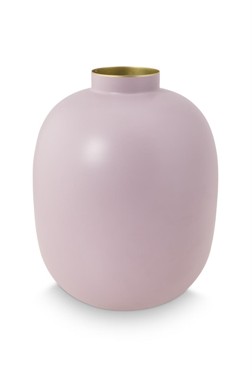Die Abbildung zeigt eine Vase aus Metall in matter, lila Farbe. Sie ist 32 cm hoch und hat eine schlichte, runde Form.