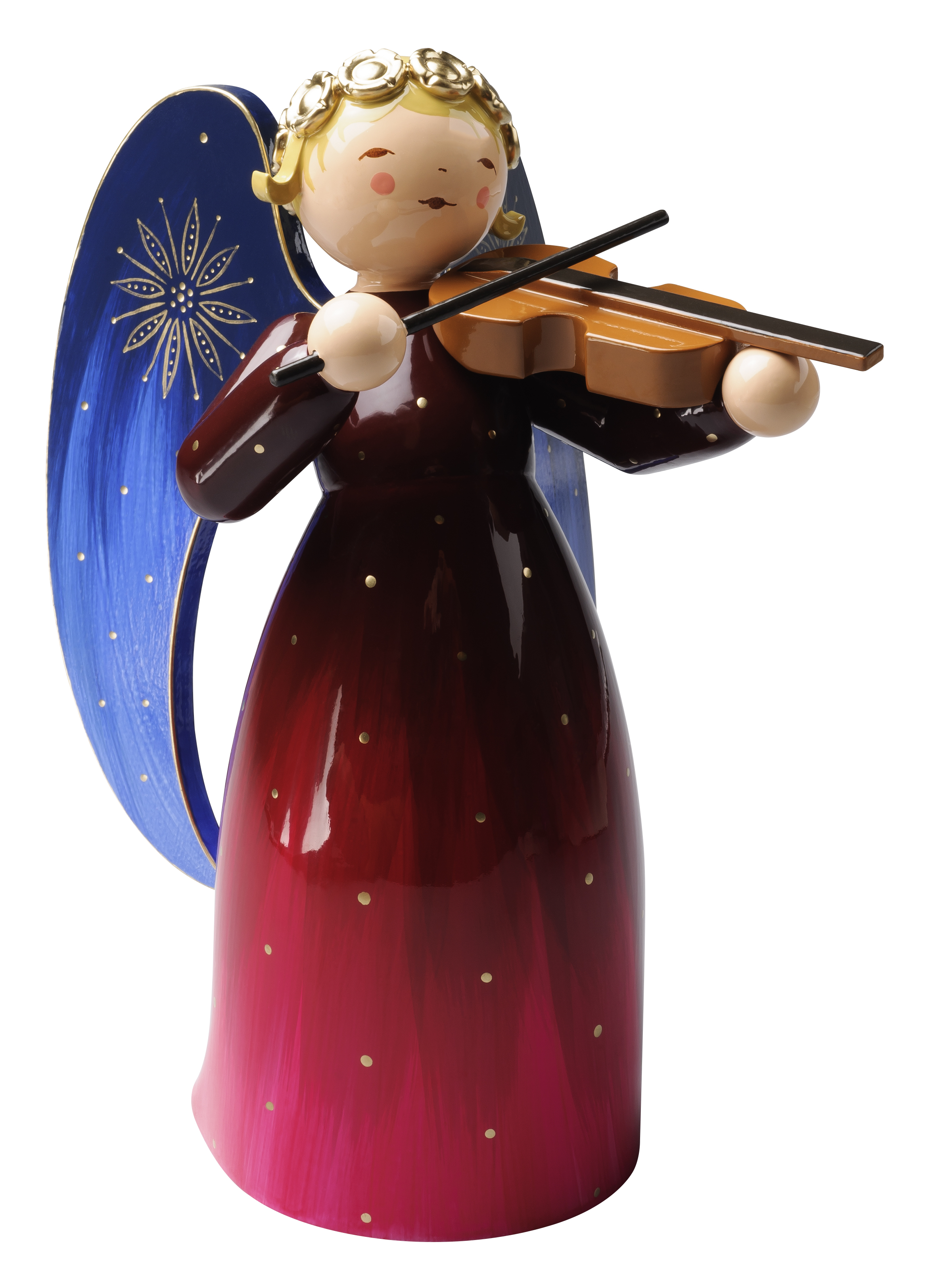 Hier sieht man einen reich bemalten großen Engel mit Violine in roter Farbe. Es handelt sich um eine weihnachtliche Engelsfigur.