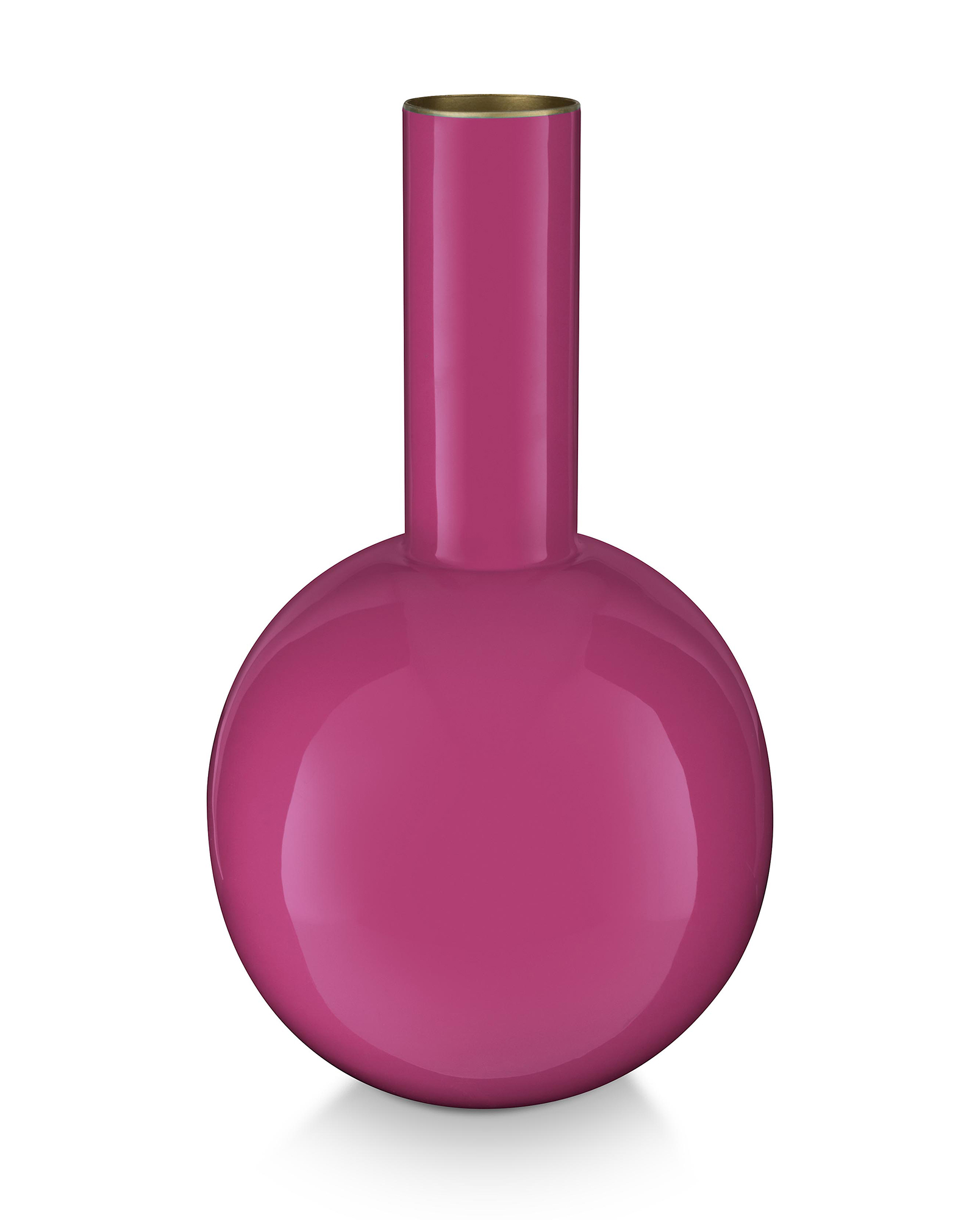 Eine kleine Vase aus Metall in leuchtendem Pink, Größe 15x26 cm. Die Vase eignet sich ideal als Farbakzent im Raum.