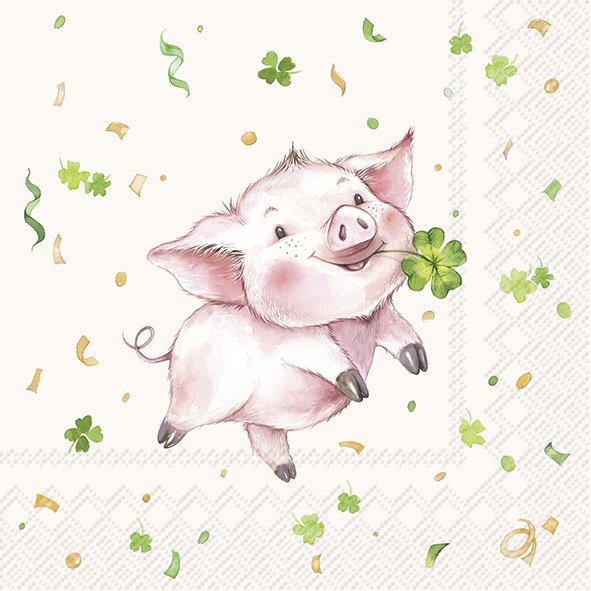 Abgebildet sind die Lucky Pig cream Lunch-Servietten. Das Produkt zeigt ein Glücksschwein-Motiv für verschiedene Anlässe.