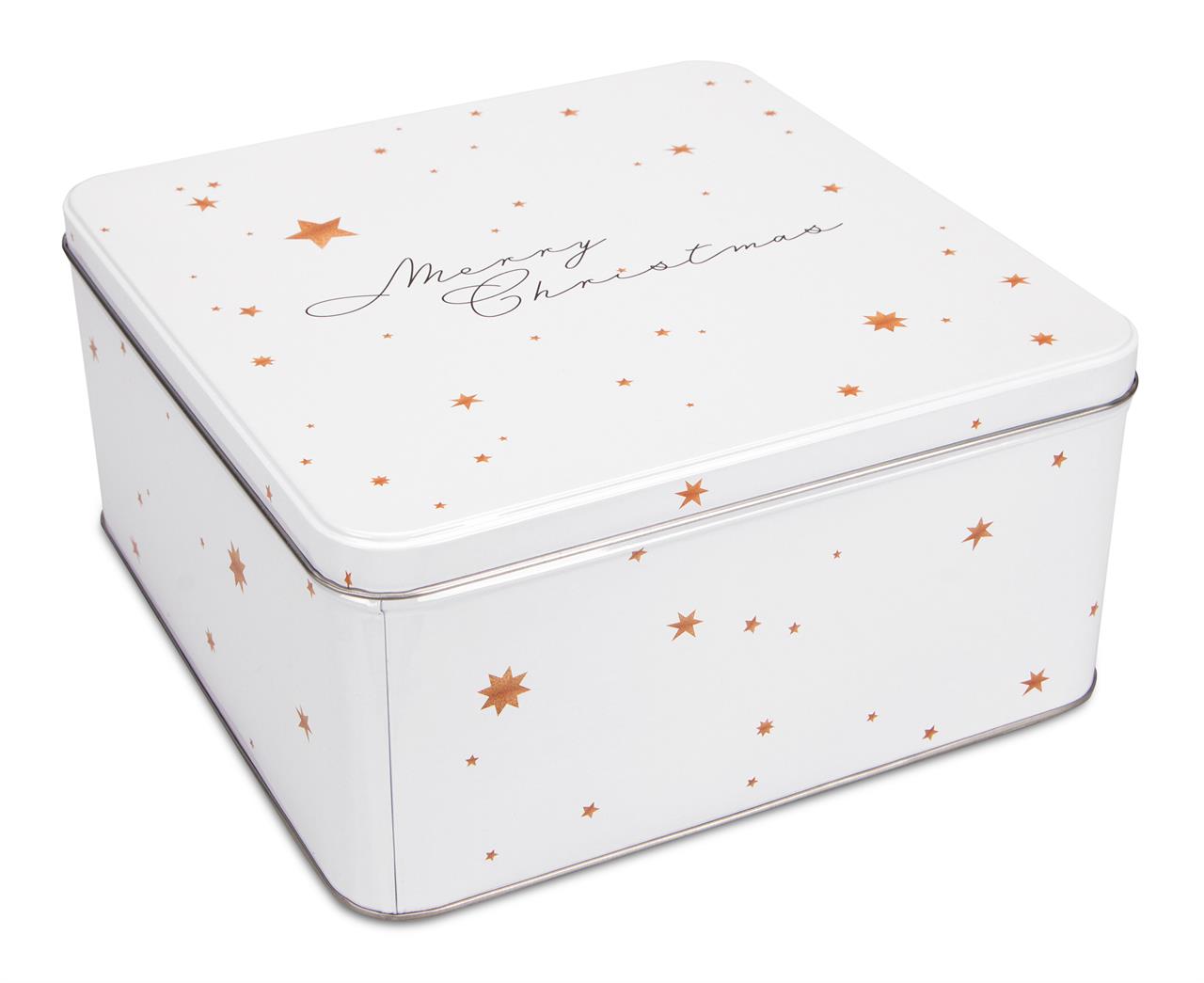 Die Abbildung zeigt eine quadratische Gebäckdose mit den Maßen 21x21 cm. Die Dose ist weiß, mit goldenen Sternen verziert und trägt die Aufschrift "Merry Christmas".