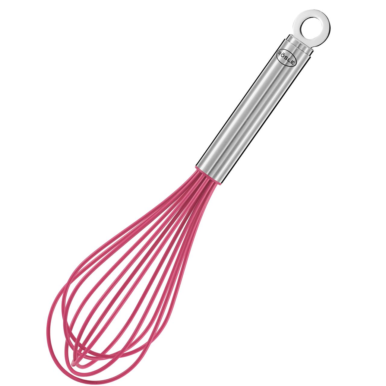 Das Bild zeigt einen Schneebesen mit pinken Silikondrähten und einem silbernen Griff. Es handelt sich um die Charity Edition 2021 und der Schneebesen ist 27 cm lang.