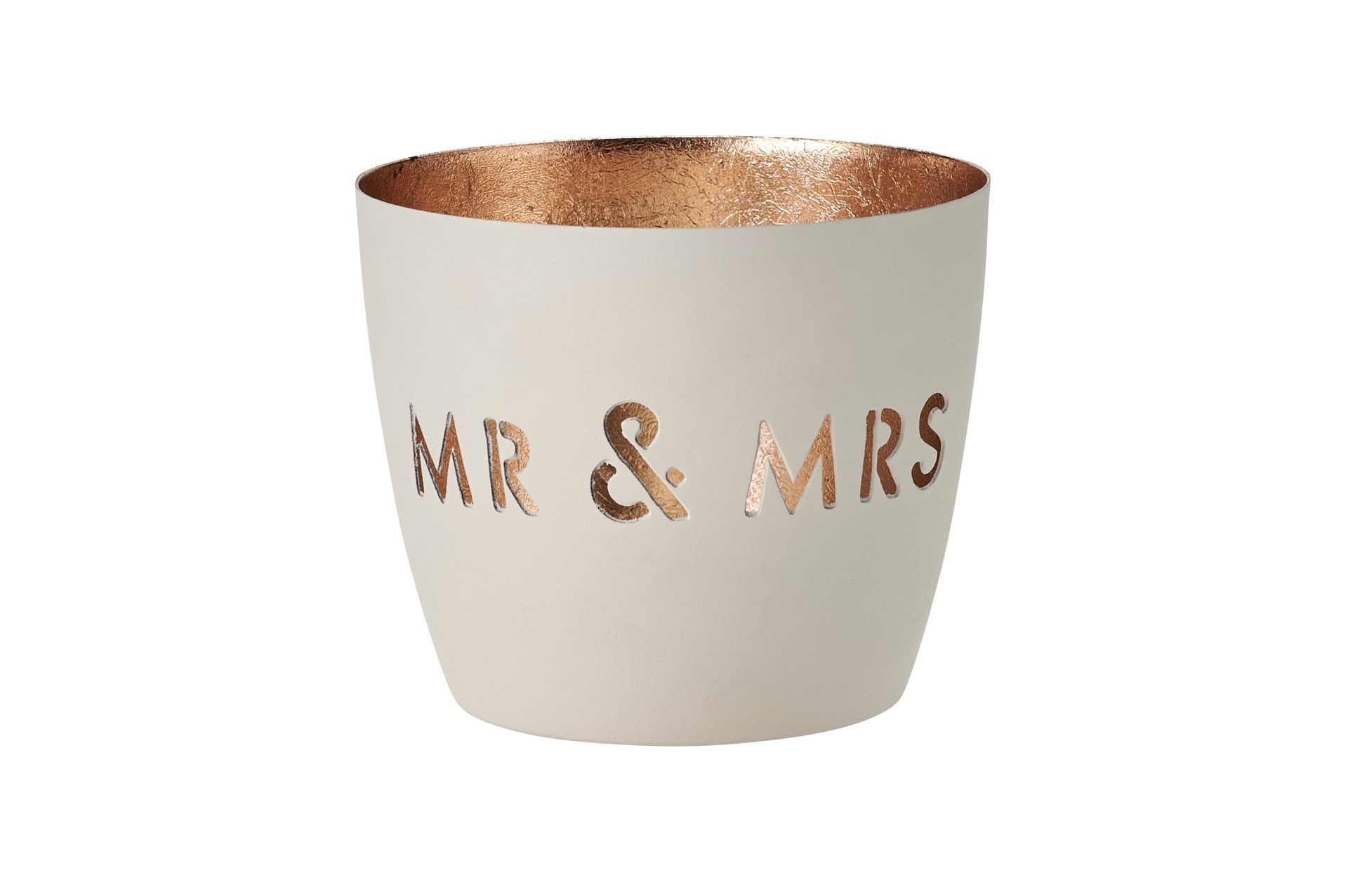 Madras Windlicht in mittlerer Größe mit Mr & Mrs Motiv in Weiß und Gold. Es ist eine elegante Dekoration für Hochzeiten oder besondere Anlässe.