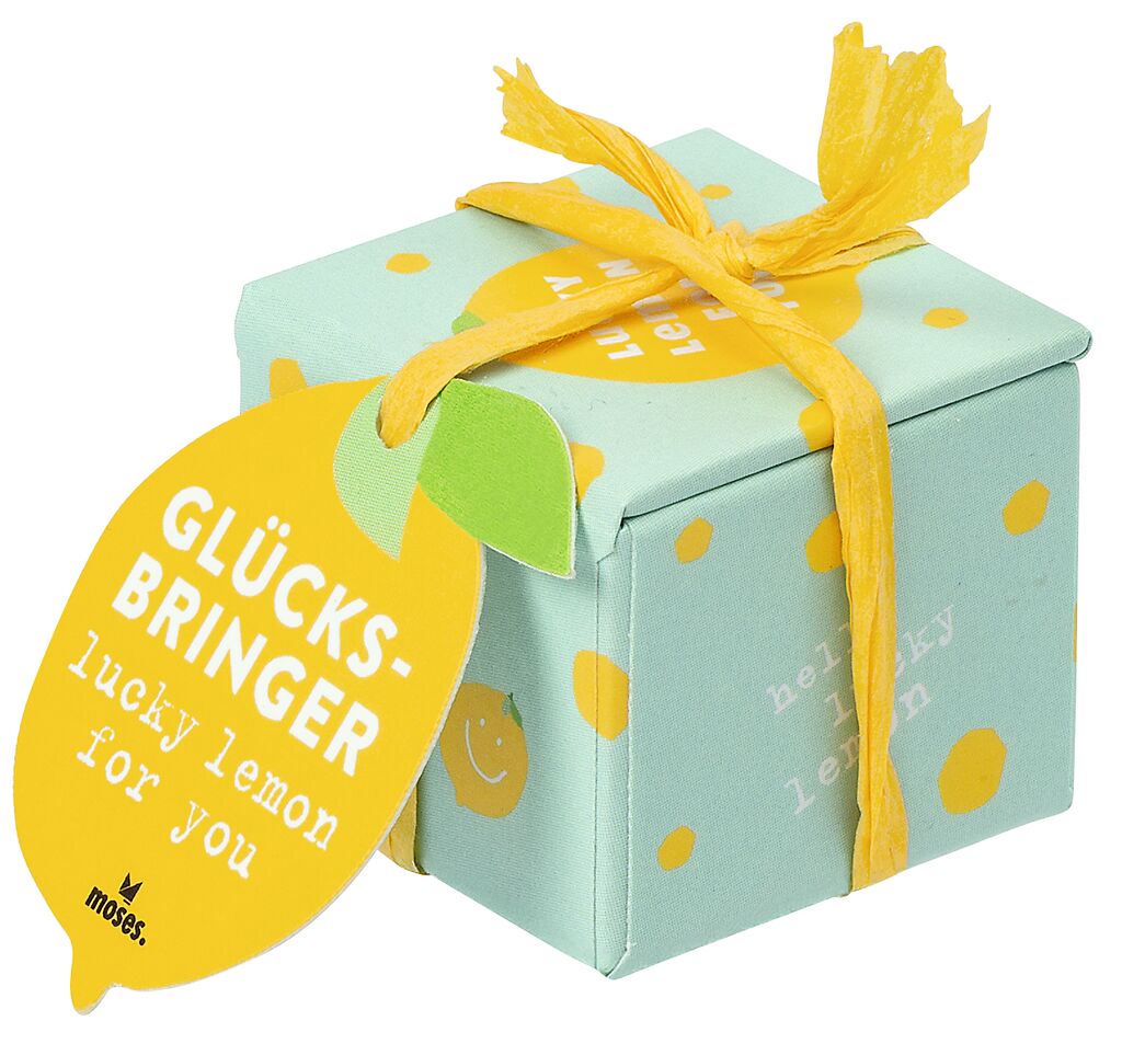 Der Glücksbringer Lucky Lemon ist auf diesem Bild abgebildet. Es handelt sich um einen lustigen Glücksanhänger in Zitronenform.