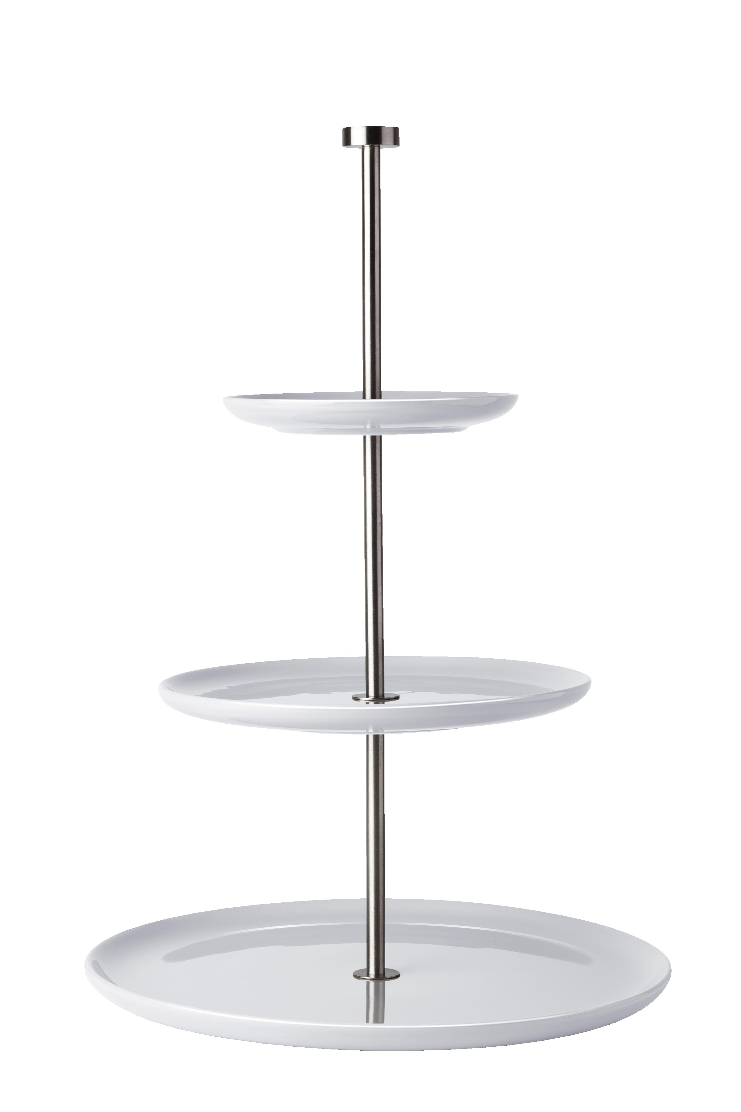 Das Bild zeigt eine dreistöckige Etagere mit weißen Tellern und einem Metallgestänge. Sie steht aufrecht und ist leer.