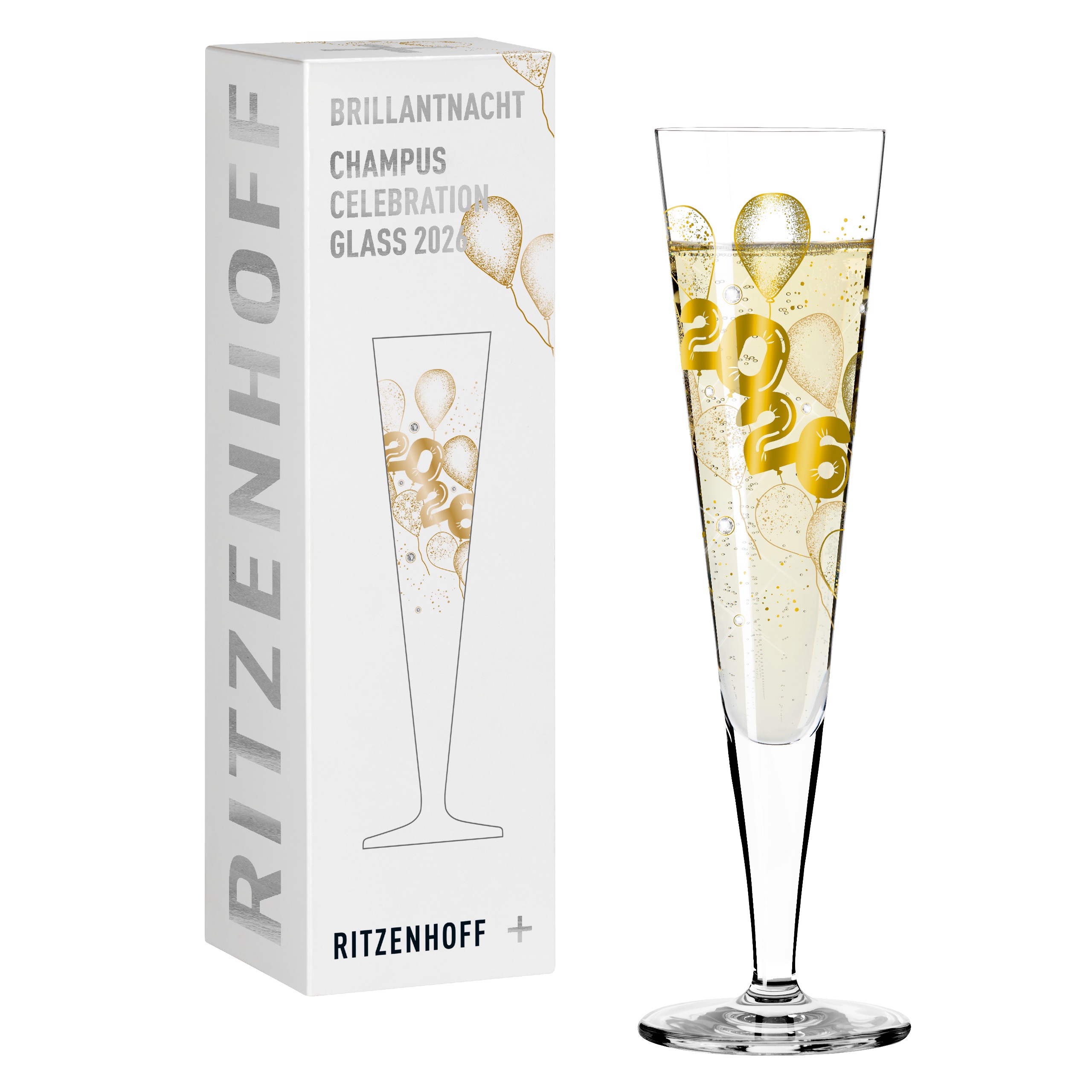 Brillantnacht Sektglas RDT 2026 ist auf dem Bild zu sehen. Es handelt sich um ein elegantes Sektglas für festliche Anlässe.