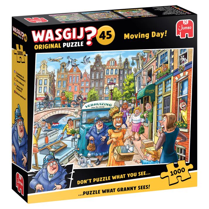 Das Bild zeigt das Puzzle 'Wasgij Original 45: Umzugstag - 1000 Teile'. Es ist bunt und voller lustiger Details zum Umzugstag.