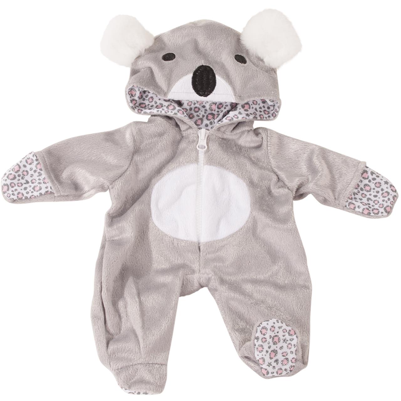 Das Bild zeigt einen grauen Strampler in Form eines Koalas mit weißen Ohren und einem weißen Bauch. Der Anzug hat eine Kapuze mit Koalagesicht und ist 33 cm groß.