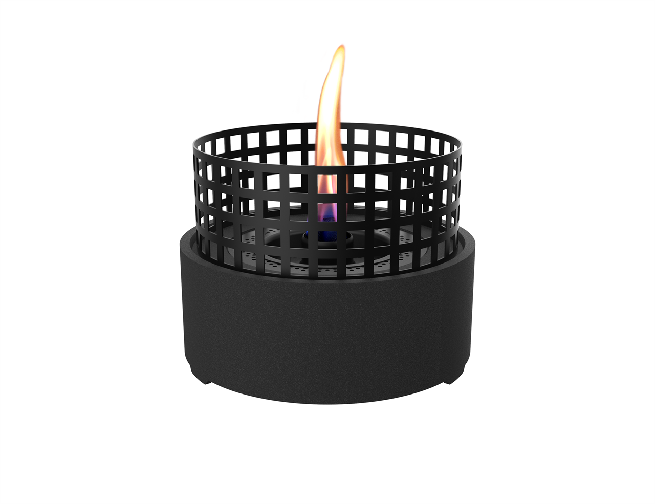 Das Bild zeigt das Produkt "Paarl Black (Tischfeuer)". Es handelt sich um ein rundes, schwarzes Tischfeuer mit einem modernen Gitterdesign, aus dem eine Flamme lodert.