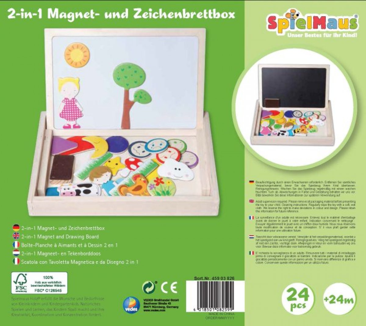 Das Bild zeigt eine 2-in-1 Magnet- und Zeichenbrettbox mit bunten magnetischen Figuren und einer Tafel. Die Box enthält 24 Teile und ist für Kinder ab 24 Monaten geeignet.