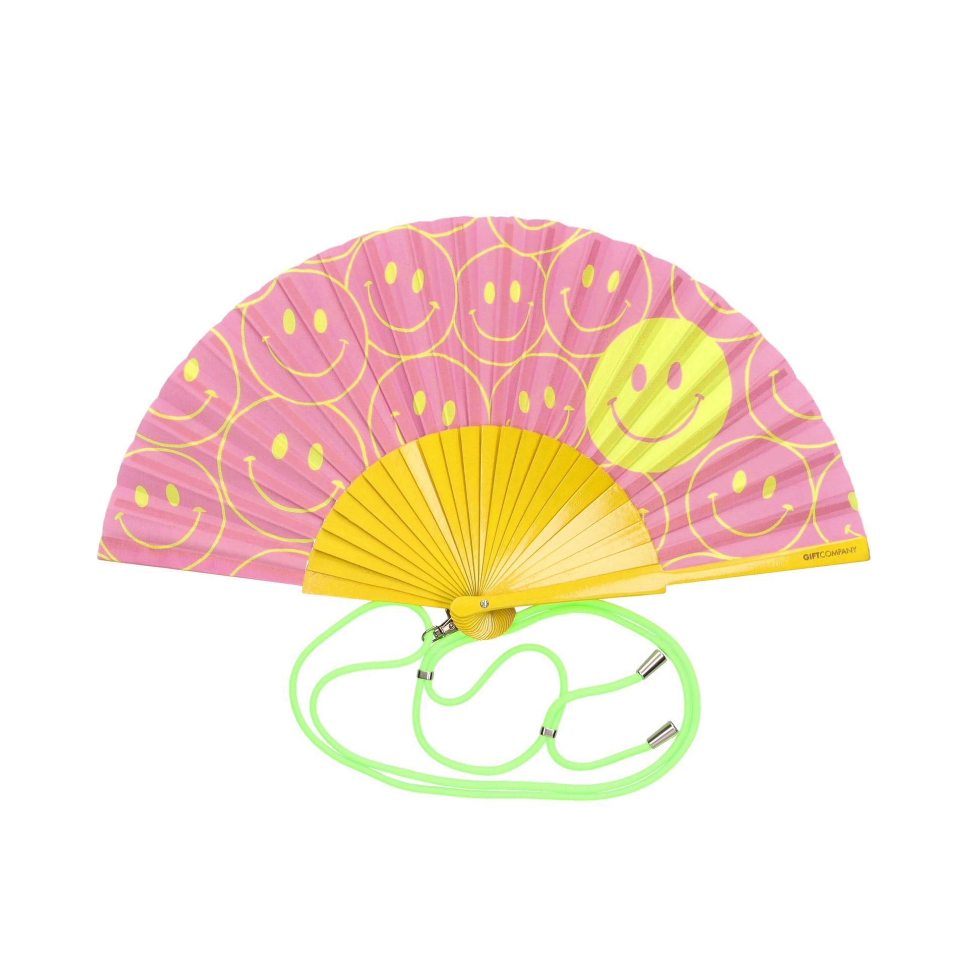Fächer mit 23cm Länge, Motiv: Smile in Rosa und Gelb. Das fröhliche Gesicht sorgt für gute Laune beim Fächern.