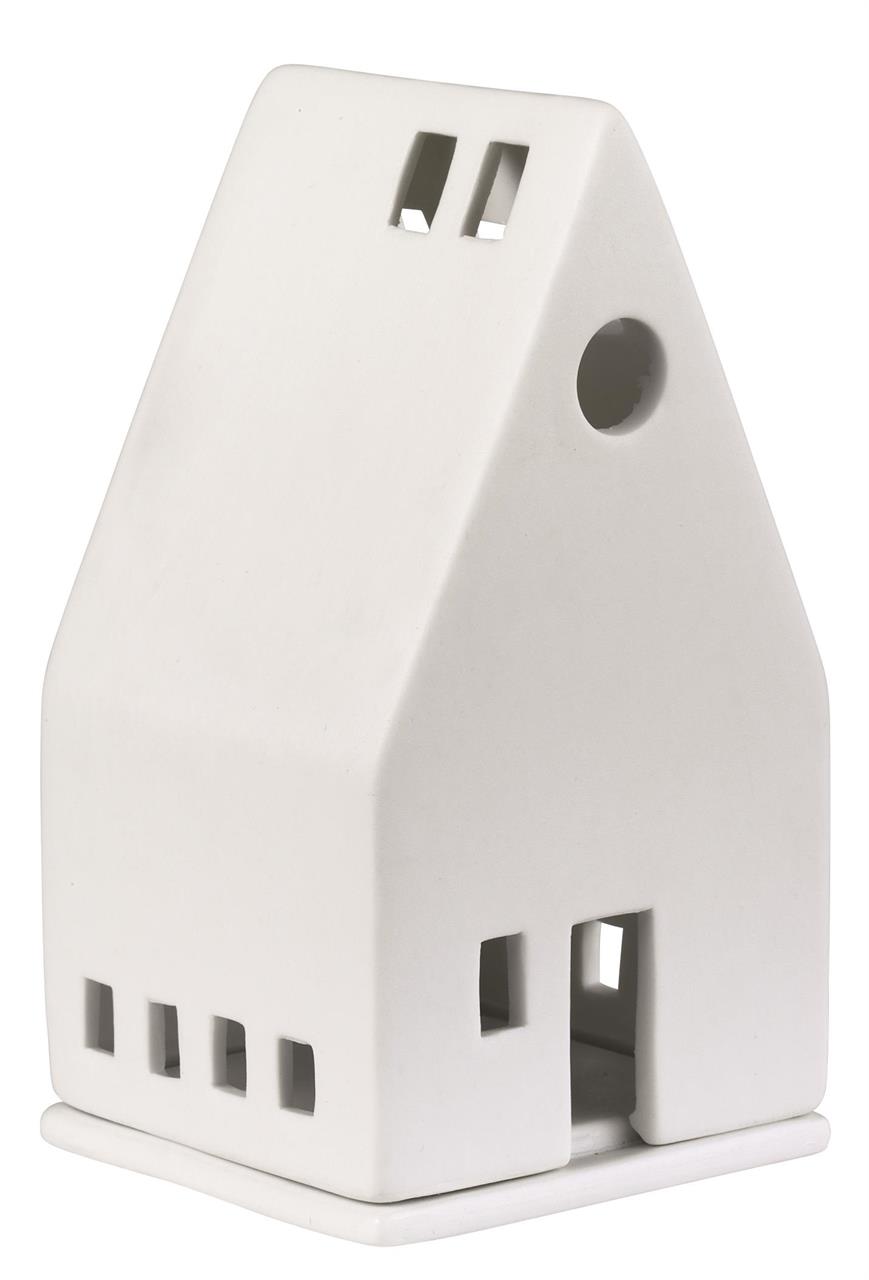 Das Bild zeigt ein kleines, weißes Lichthaus mit verschiedenen Fenstern. Es hat eine Höhe von 13 cm und besteht aus Keramik.