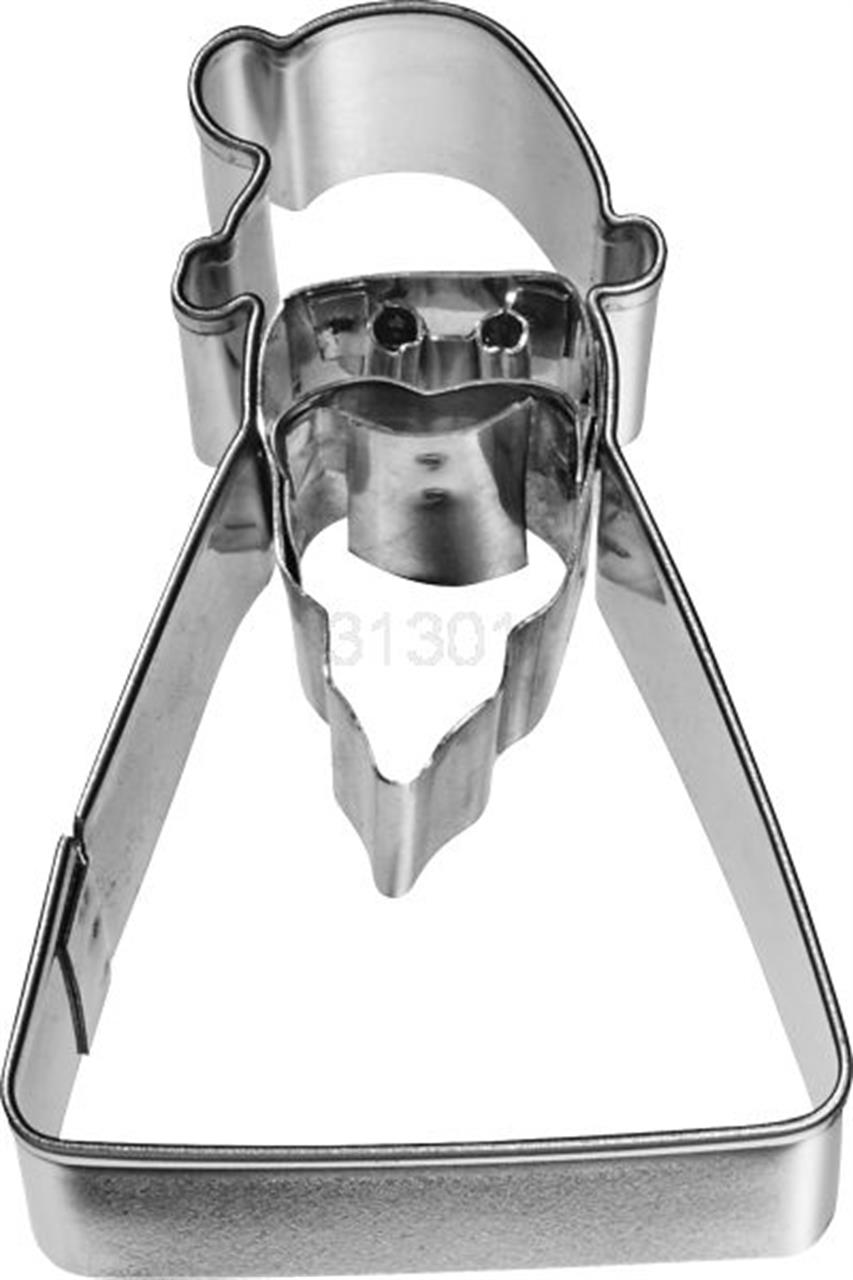 Auf dem Bild ist eine Ausstechform in Form eines Weihnachtsmanns zu sehen. Die Ausstechform besteht aus Metall und ist 6,3 cm groß.