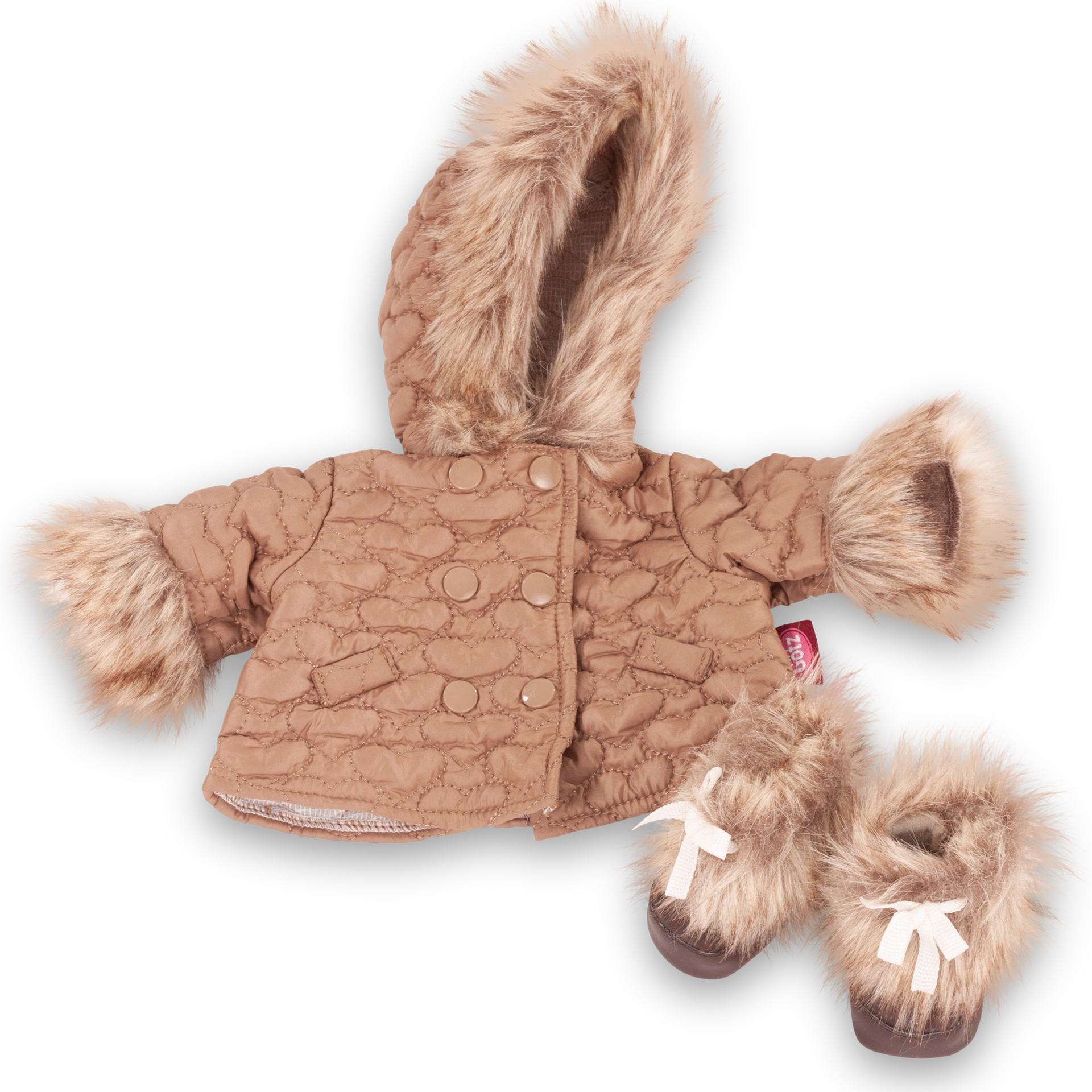 Das Bild zeigt eine beige Babykombi für den Winter, passend für 30 bis 36 cm große Babypuppen. Das Produkt hält Puppen im Winter warm.