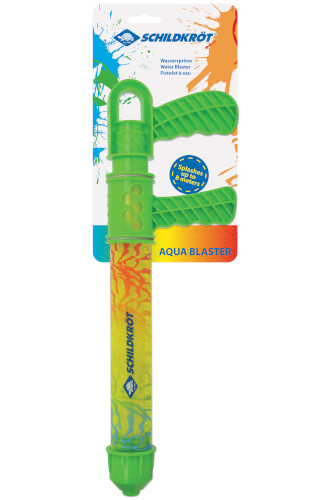 Das Bild zeigt einen bunten Aqua Blaster von Schildkröt in der Verpackung. Das Wasserspielzeug ist vor allem grün und hat ein farbenfrohes Design.