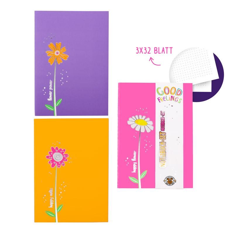 Das Bild zeigt ein Notizheft-Set mit drei Heften in den Farben Lila, Orange und Pink, jeweils mit einem Blumenmotiv auf dem Cover. Jedes Heft hat 32 punktierte Seiten, insgesamt also 3x32 Blatt.