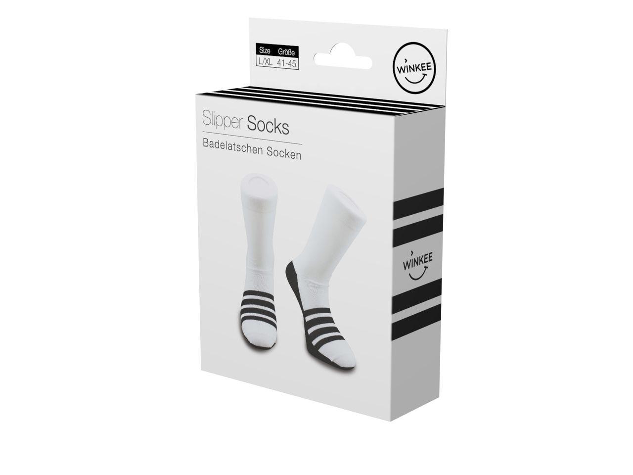 Socken Badelatschen sind auf diesem Bild zu sehen. Die Socken haben ein Badelatschen-Motiv.