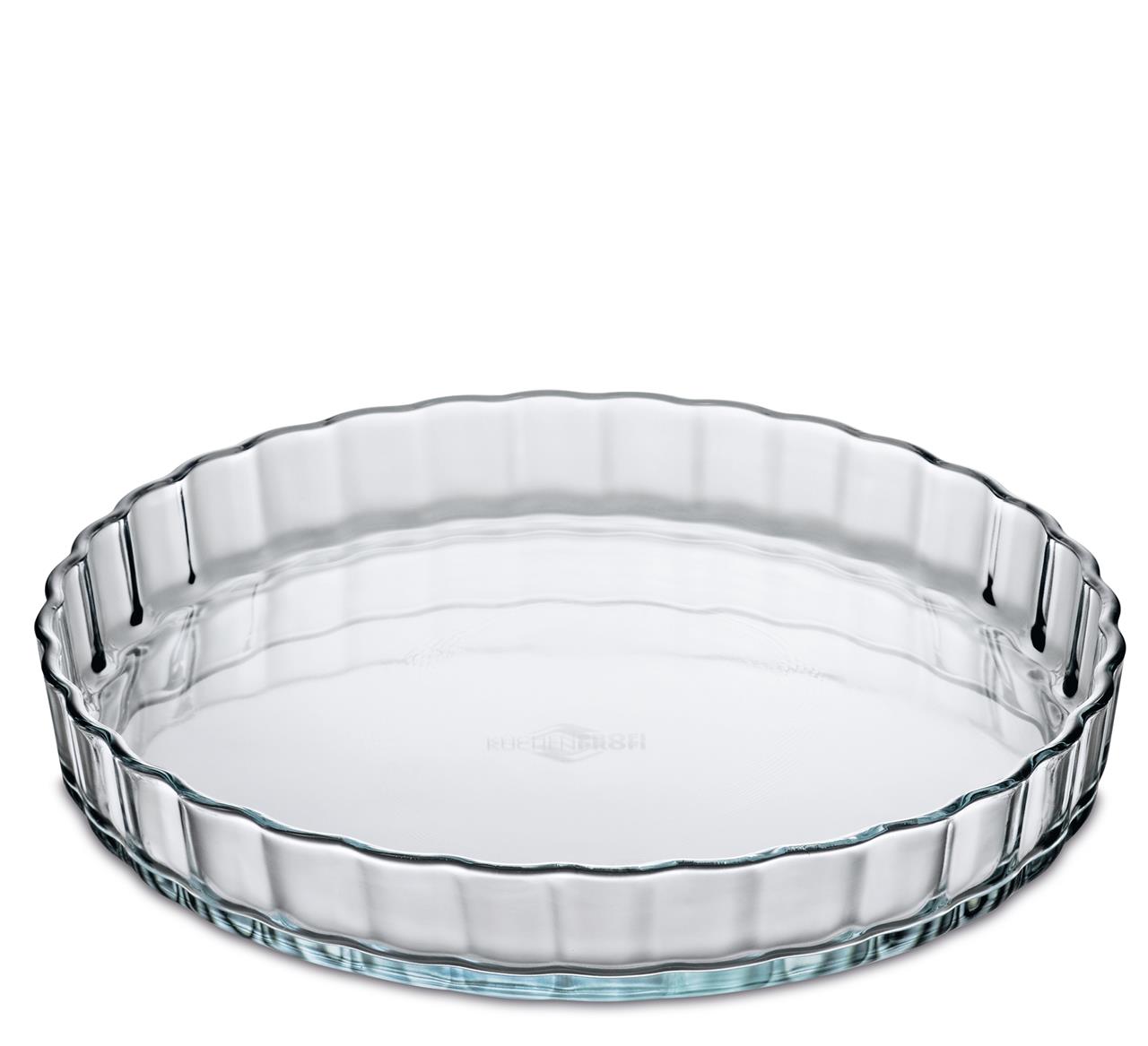 Dies ist eine Tortenform aus Glas mit einem Durchmesser von 28 cm. Sie hat einen gewellten Rand und eignet sich ideal zum Backen von Kuchen und Torten.