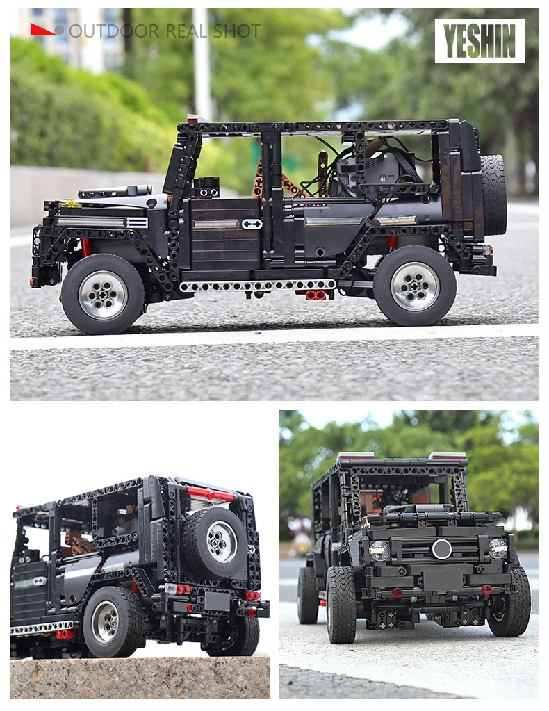 Das Bild zeigt das Modellauto "Mould King® 13068 G65" aus Klemmbausteinen. Es ist ein detailreiches Nachbau eines Geländewagens und wird aus verschiedenen Perspektiven im Freien präsentiert.