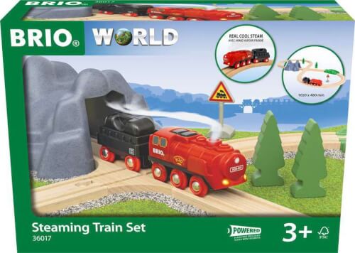Auf dem Bild ist ein BRIO Steaming Train Set für Kinder ab 3 Jahren zu sehen. Das Set enthält eine rote und eine schwarze Lokomotive, die durch einen Tunnel auf einer Holzeisenbahn fahren.