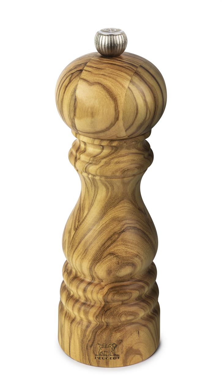 Dies ist eine Salzmühle aus Olivenholz mit einer Höhe von 18 cm. Sie hat eine runde Form und ein elegantes, natürliches Holzmaserungsdesign.