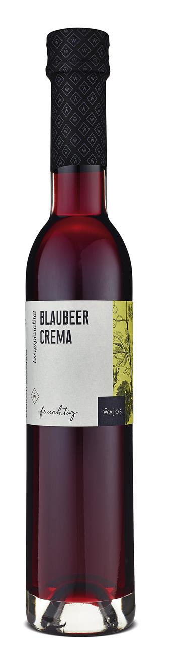 Die Abbildung zeigt eine Flasche Blaubeer Crema Essigzubereitung mit 250 ml Inhalt. Die Flüssigkeit ist dunkelrot und das Etikett trägt die Aufschrift "fruchtig" sowie den Markennamen Wajos.