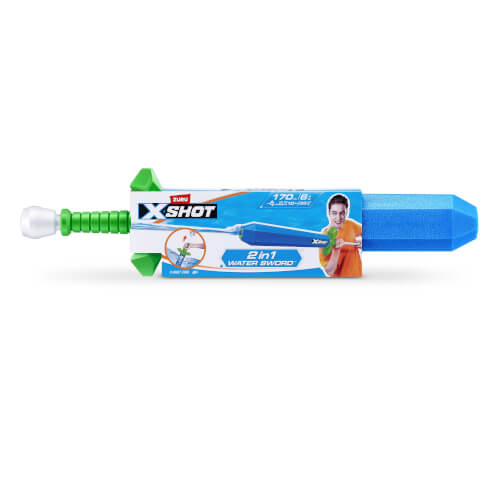 Auf dem Bild ist ein X-Shot 2-in-1 Wasserschwert zu sehen. Es hat einen grünen Griff und eine blaue Klinge.