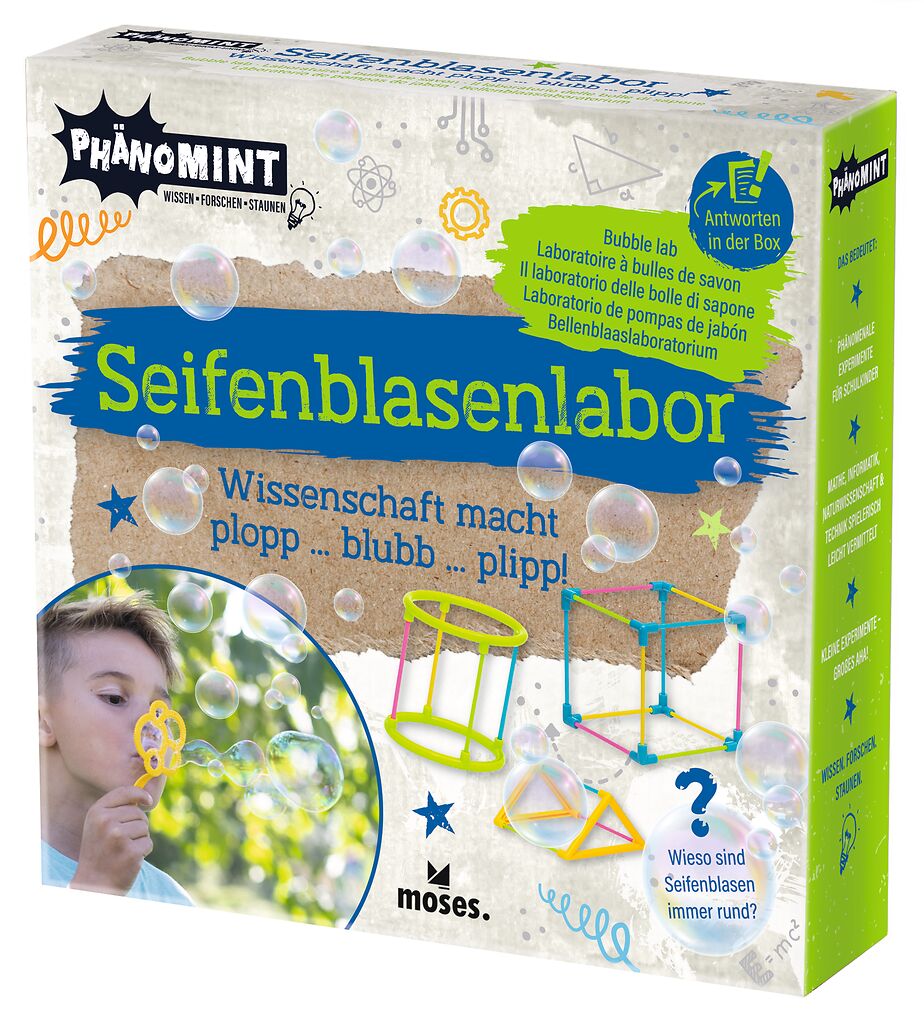 Das Foto zeigt das Produkt 'Phänomint Seifenblasenlabor'. Es ist ein Experimentierset für Seifenblasen.
