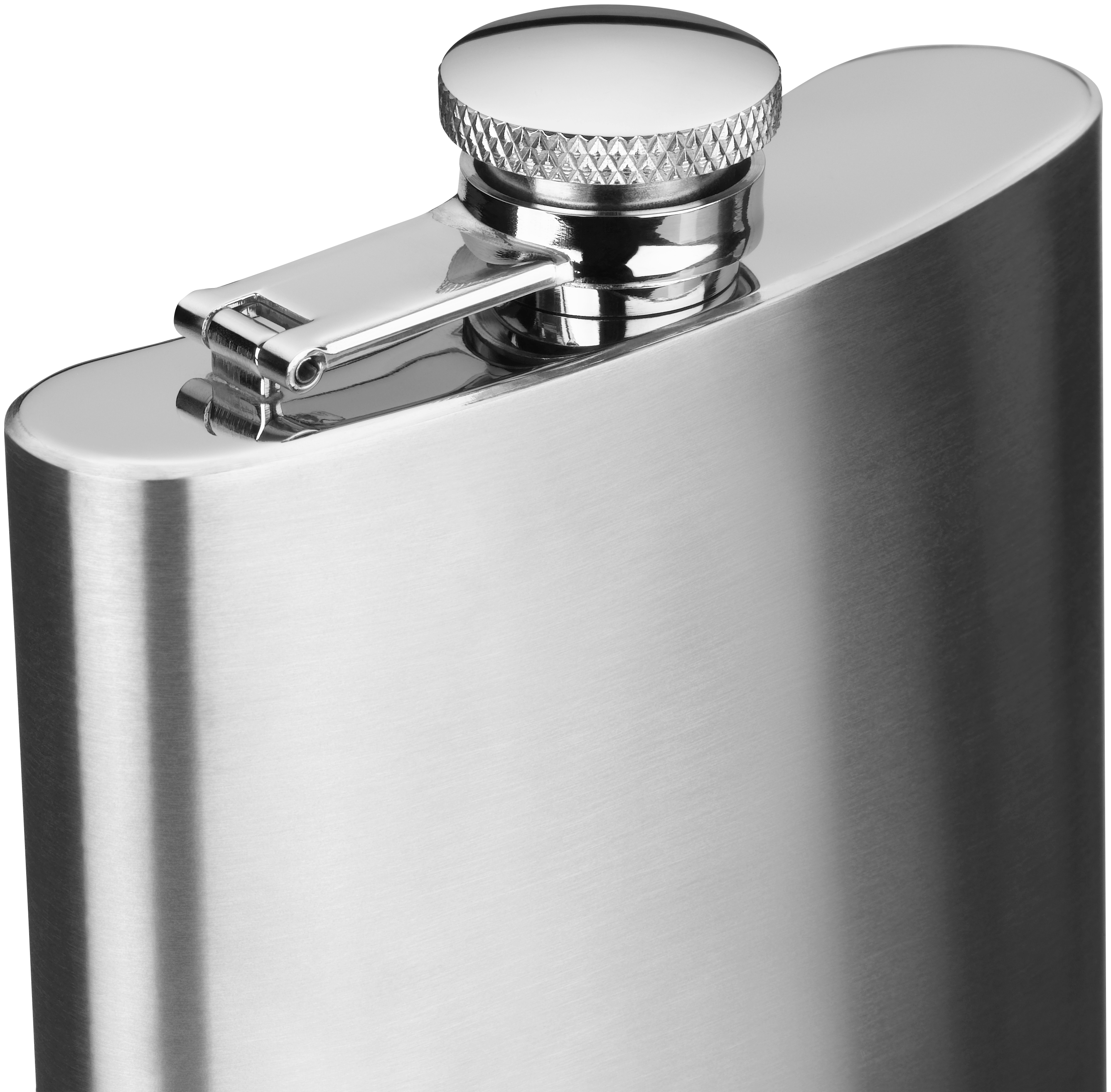 Auf dem Bild ist eine silberne Metallflasche mit Schraubverschluss zu sehen. Es handelt sich um eine klassische Taschenflasche, die oft zum Transportieren von Getränken verwendet wird.