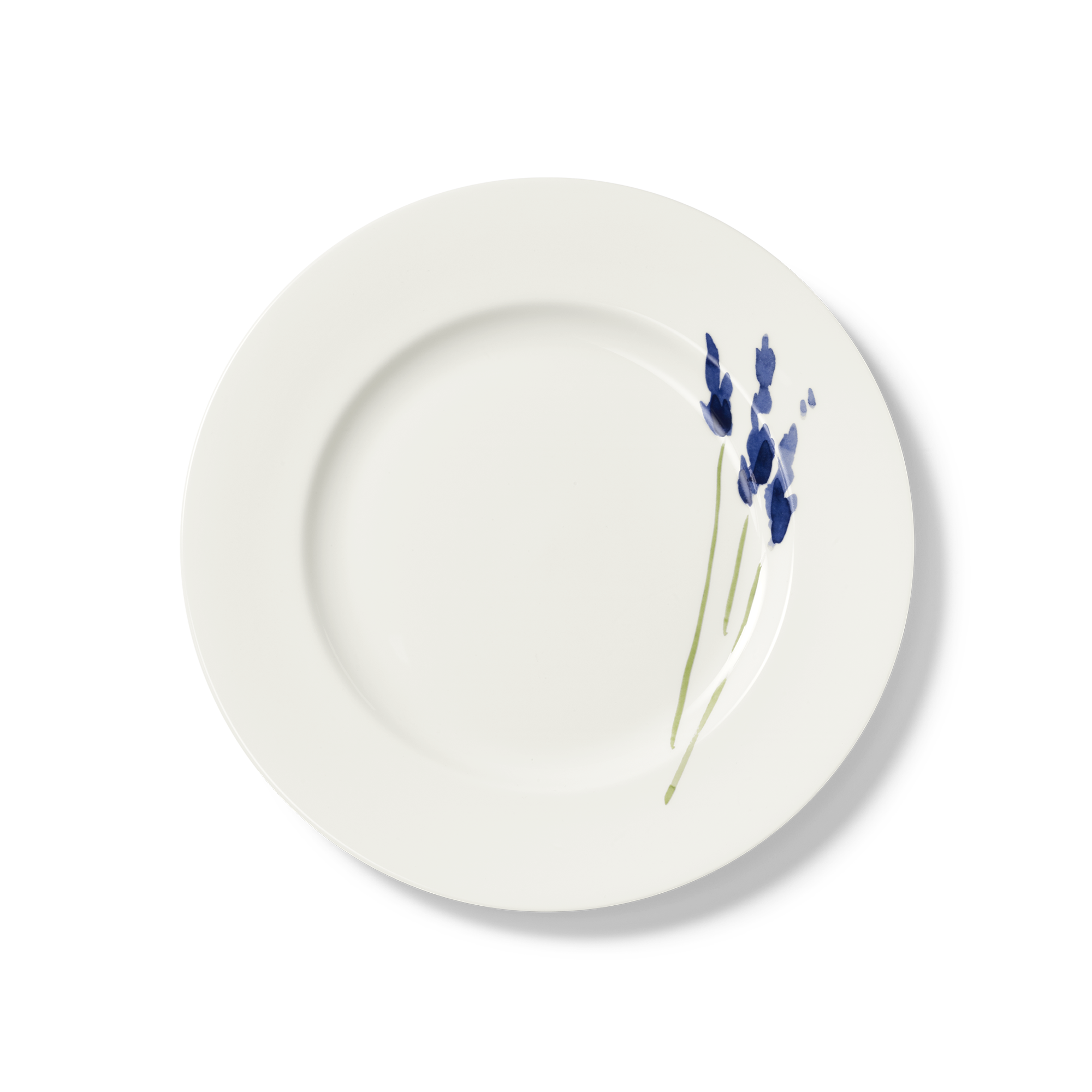 Ein flacher Teller mit einem Durchmesser von 26,5 cm aus der Serie Impression Blume Blau. Der Teller ist aus Fine Bone China und hat ein blaues Blumenmotiv.