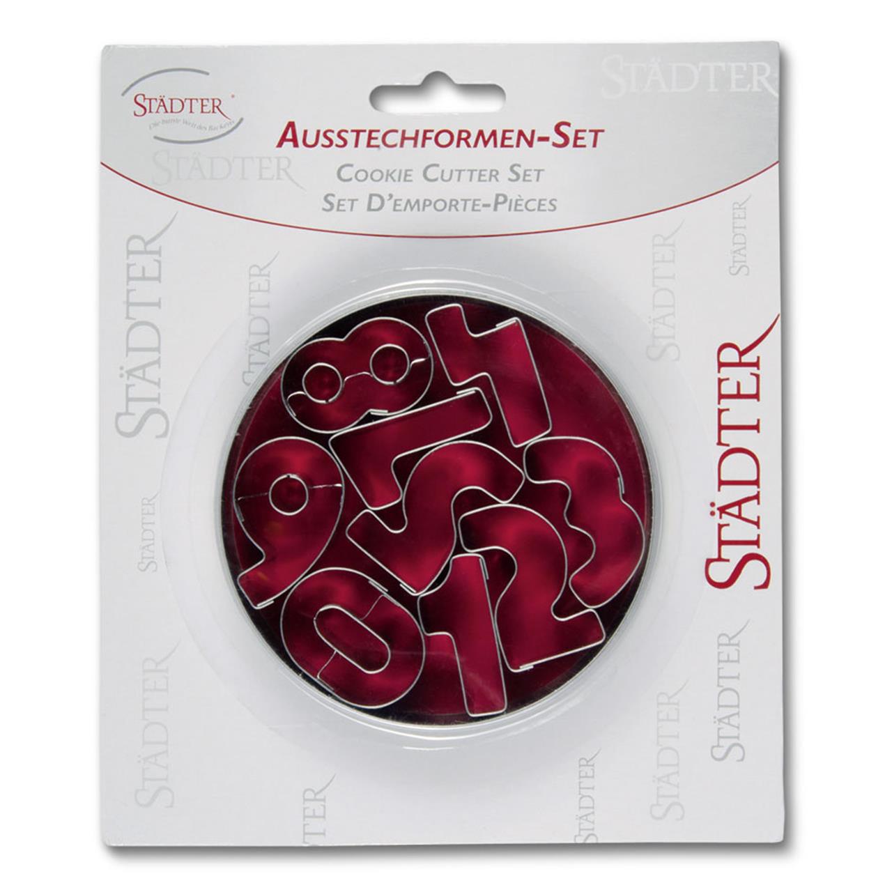 Das Bild zeigt ein Ausstechformen-Set in Zahlenform von der Marke Städter. Die Ausstecher sind in einer runden Verpackung angeordnet und eignen sich zum Backen.