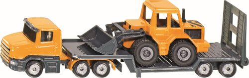 Auf dem Bild ist ein gelber Lastwagen mit einem Anhänger zu sehen. Auf dem Anhänger wird ein gelber Bagger transportiert.