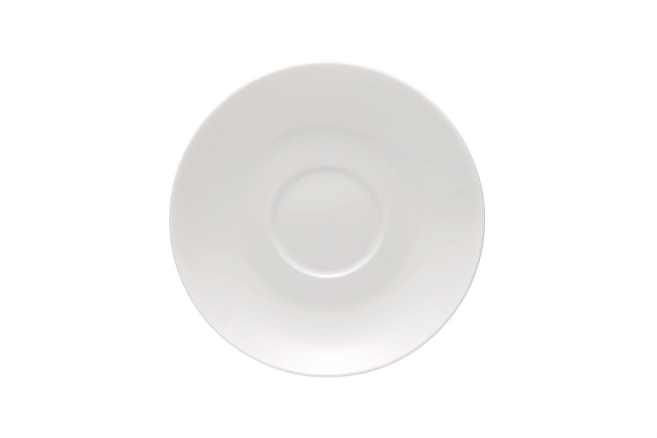 Das Bild zeigt eine schlichte, weiße Tee-Untertasse mit einem Durchmesser von 16 cm. Die Untertasse ist rund und hat eine Vertiefung in der Mitte für eine Teetasse.