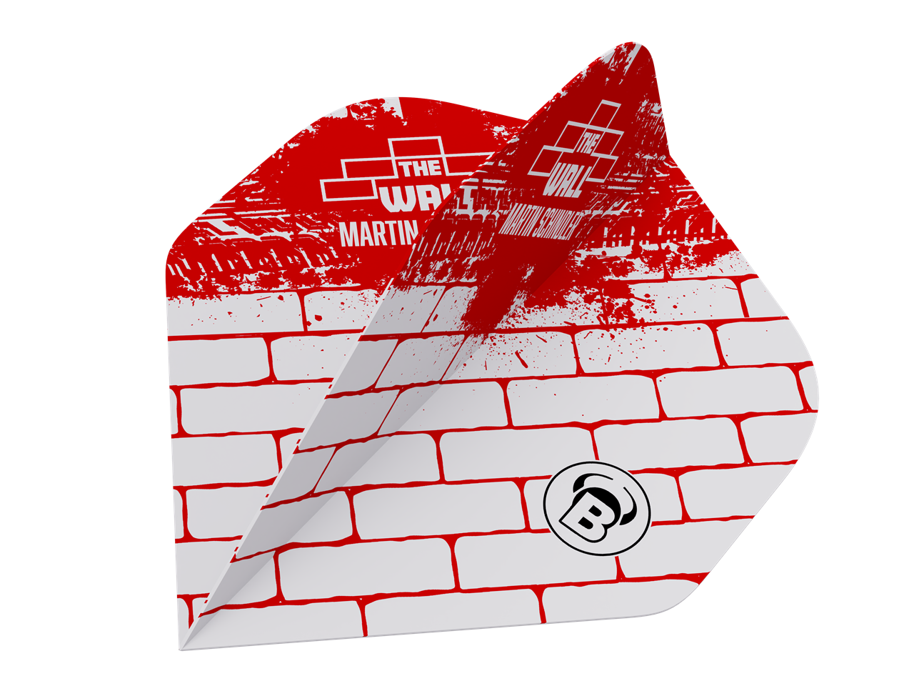 Das Bild zeigt das Produkt "BULL'S® Metrixx Flights Martin Schindler G3". Das Flight-Design ist weiß mit einem roten Ziegelmuster und roten Farbspritzern sowie Logos und Schriftzügen.