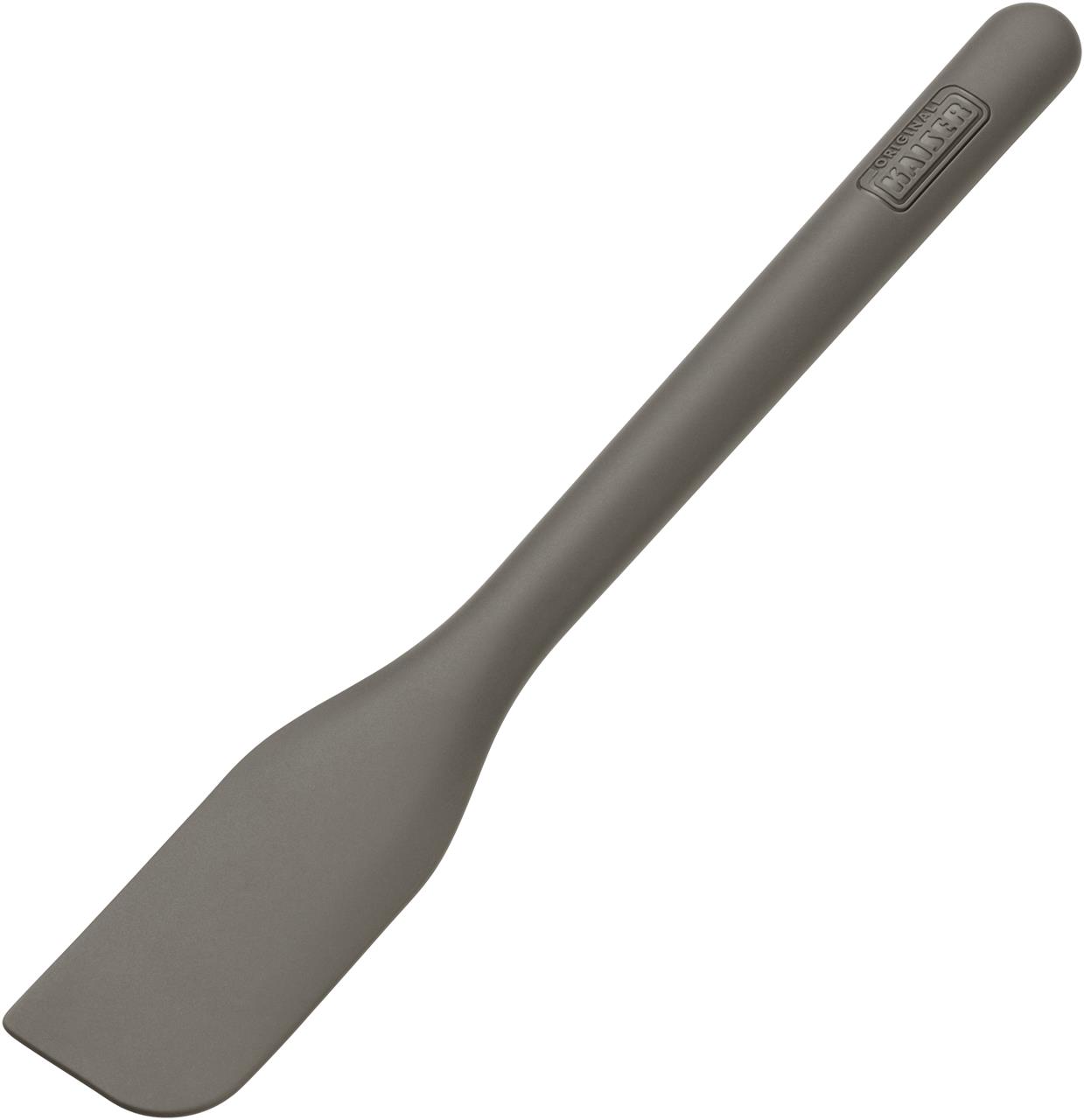 Auf dem Bild ist ein kleiner Teigschaber mit einem ergonomischen Griff zu sehen. Der Teigschaber ist schlicht und in einer einheitlichen Farbe gestaltet.